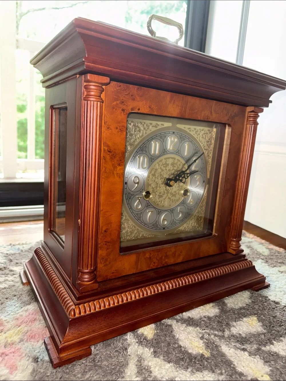 Classic Wooden Mantel Clock Decor in Rich Cherry Tabletop Grandfather Clock